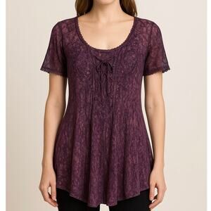 Vintage Y2k Whimsygoth Fairy Grunge Tunic Lace Up Top Eyelet Embroidered Purple